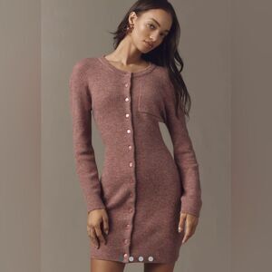 Anthropologie Long Sleeve Button Front Sweater Mini Dress Mauve Pink L NWT